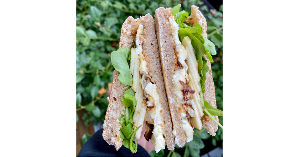 Apple, Brie, and Caramelized Onion Sandwich on a Vegan Sourdough English Muffin Recipe