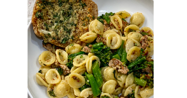 Broccoli Melt Orecchiette with English Muffin Garlic Bread Recipe