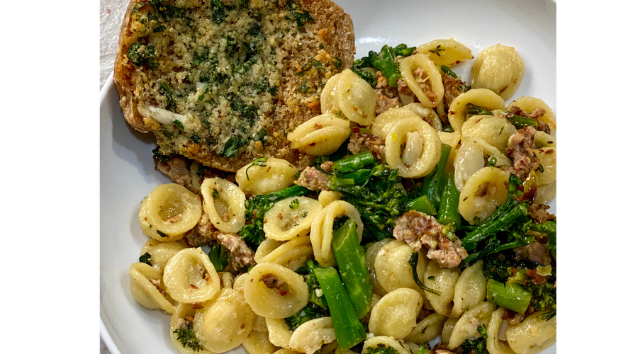 Broccoli Melt Orecchiette with English Muffin Garlic Bread Recipe