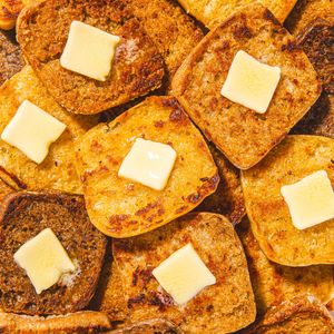Close-up of toasted Dam Good English Muffins with butter