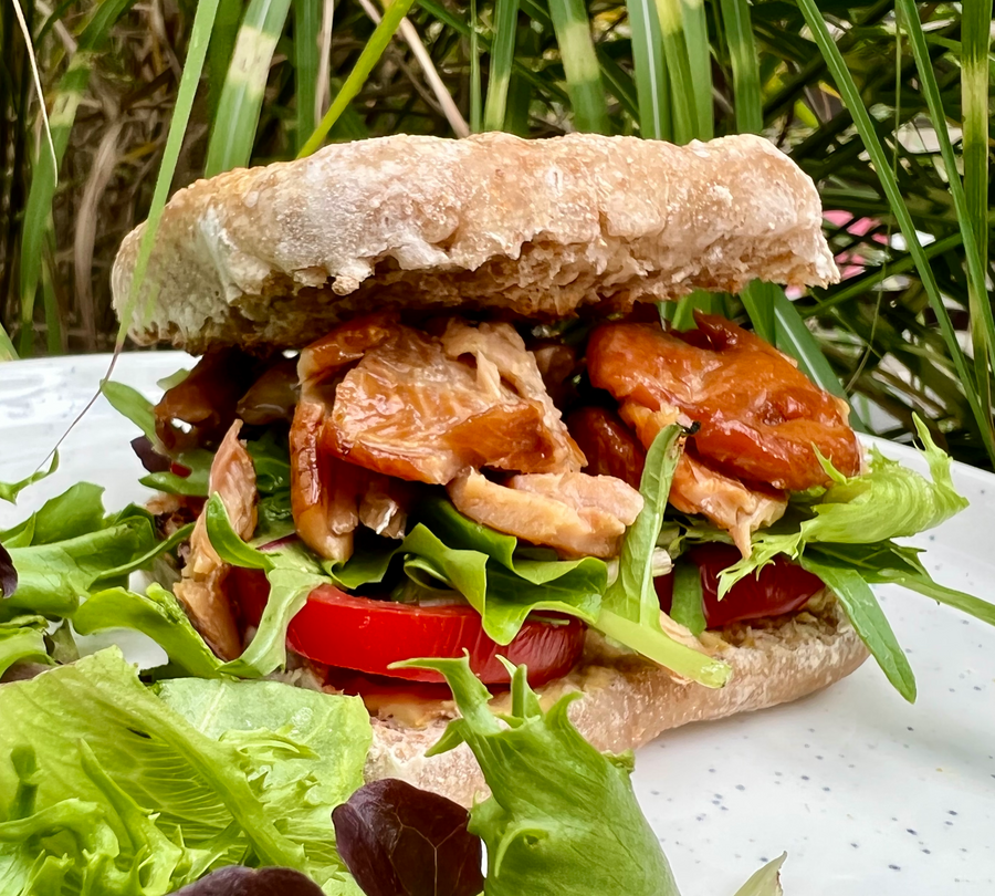 Fishwife Trout Lettuce and Tomato Sandwich on a Whole Wheat vegan sourdough Dam Good English Muffin