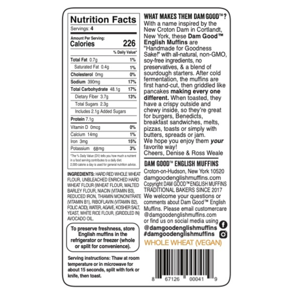 "Whole Wheat" Vegan Sourdough English Muffin Ingredients and Nutrition Information