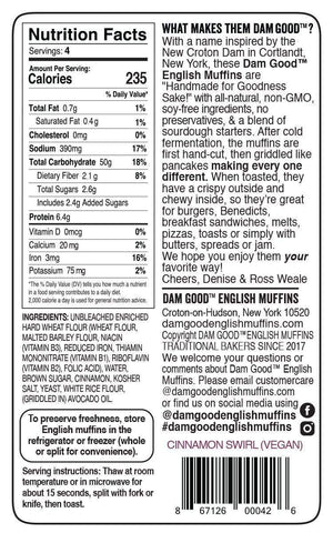 "Cinnamon Swirl" Vegan Sourdough English Muffin Ingredients & Nutrition Information